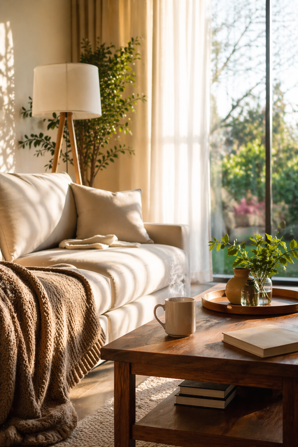 Jasny, przytulny salon w porannym świetle — koc, poduszki, kubek na stoliku.